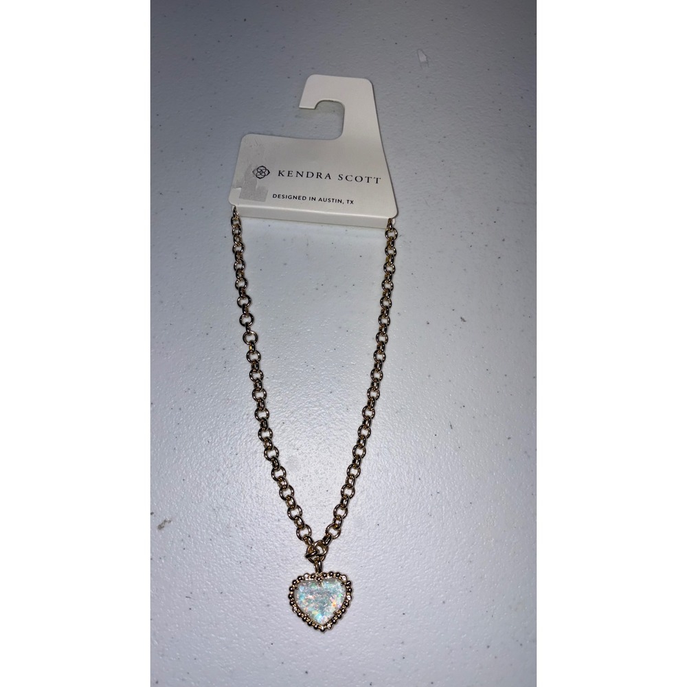 Kendra Scott Anna Heart Necklace 14K Gold Over Brass White Opal Iridescent NWT